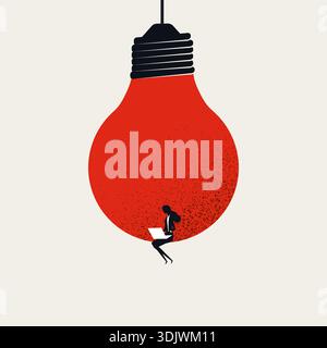 Diese minimalistische Vektorillustration zeigt eine Content-Creatorin, die auf ihrem Laptop eine neue Geschäftsidee aufbaut, ein Konzeptsymbol für Kreativität und Wr Stock Vektor