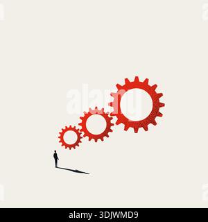 Diese minimale Vektordarstellung zeigt einen Geschäftsmann, der einen Geschäftsprozess und ein Automatisierungssystem analysiert. Das Getriebesymbol steht für industrielle Entwicklung Stock Vektor