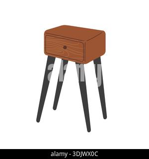 Brauner hölzerner Nachttisch oder Hocker mit vier Beinen, einer Schublade und Holzknopf vorne. Illustration des flachen Vektors Stock Vektor
