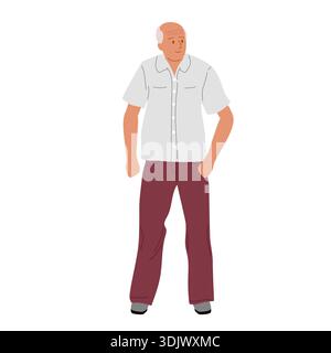 Großvater in einfacher Hauskleidung, älterer Mann kahl, steht in voller Länge, Vektor-Illustration. Altersschutzkonzept Stock Vektor