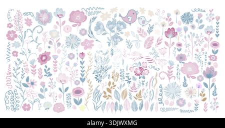 Set von verschiedenen weichen pastellfarbenen Vektorblüten. Handgezeichnet. Nicht AI, Vektorillustration Stock Vektor