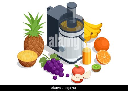 Isometrische Vektorillustration eines modernen elektrischen Entsafters mit frischem Obst. Set bestehend aus Ananas, Traube, Apfel, Orange, Banane, und Kiwi mit einem Glas Stock Vektor