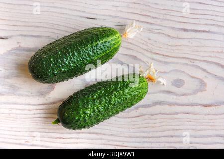 Draufsicht auf zwei frische Gurken auf einem hellen Holztisch mit minimalem Hintergrund und Kopierraum Stockfoto