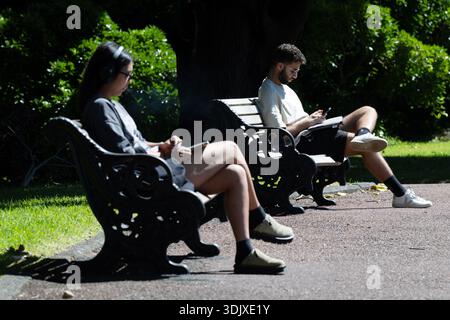 Menschen entspannen sich auf Parkbänken in Albert Park, Auckland, mit Smartphones bei hellem Sonnenlicht und umgeben von Grün. Stockfoto