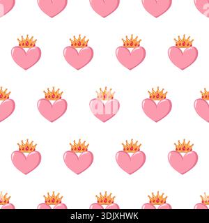 Nahtloses handgezeichnetes Liebesmuster mit rosa Herzen und goldenen Kronen auf weißem Hintergrund. Handgezeichneter romantischer Vektordruck Stock Vektor