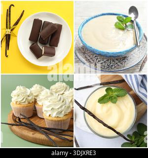 Erzeugnisse mit Vanillegeschmack. Collage mit Desserts und Schoten Stockfoto