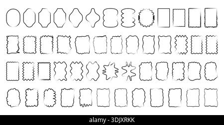 Satz monochromer schwarzer Wellenrahmen. Gemischte Rechteckbeschriftungen und weiche Rahmen für Textmarkierungen, Titelblöcke und minimale Layouts. Unregelmäßige Umrisse Silhouetten Vektorillustration. Stock Vektor