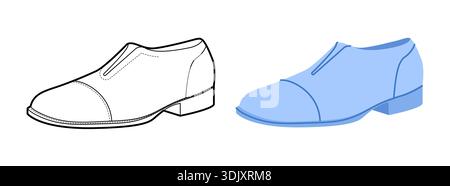 Kleid Schuh Herren blau formell flach plus Linie Set. Klassischer Lederanzug zum Schnüren Schuhe eleganter Bürostil. Technische Mode Illustration CAD Modell Skizze Vektor Frauen Unisex isoliert. Stock Vektor
