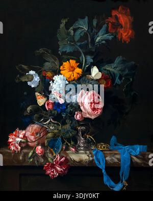 Blumenstillleben mit einer Uhr, von Willem van Aelst, 1663 Stockfoto