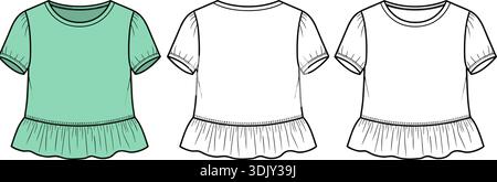 Frauen Schößchen Top mit Puffärmeln Technische flache Skizze - Mode Vektor Illustration Stock Vektor