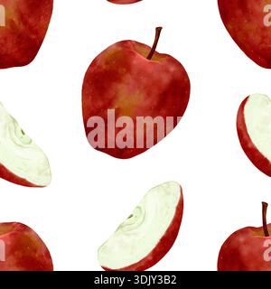 Aquarell Rote Äpfel Und Scheiben Rustikal. Warmes Stillleben von ganzen roten Äpfeln und geschnittenen Wedges mit strukturiertem Fleisch und Hauttönen gemütliche Herbsternte-Stimmung geeignet für Backen, Cider, handgezeichnetes nahtloses Aquarellmuster Stockfoto