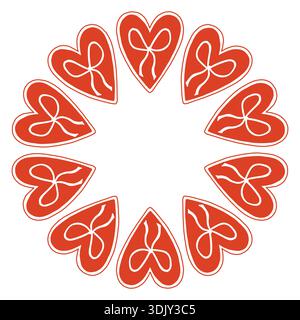 Skurrile Vektor-Illustration eines kreisförmigen Rahmens aus dekorativen Volksherzen. Niedliches handgezeichnetes Doodle-Design in Rot und weiß, perfekt für Stock Vektor