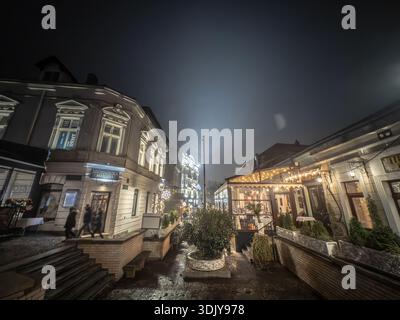 BELGRAD, SERBIEN - 20. DEZEMBER 2025: Nächtlicher Blick auf die Kopfsteinpflasterstraße Skadarlija in Belgrad, Serbien, mit Restaurants, Außenterrassen und Fußgängern Stockfoto
