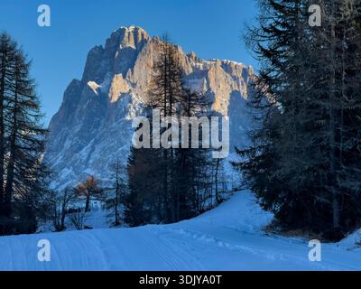 Winterblick auf die Langkofel-Berggruppe auf der Seiser Alm in den Dolomiten - Südtirol, Italien Stockfoto
