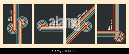 Gestreifter Regenbogenstreifen. Dynamische und farbenfrohe Retro-Bewegungen mit funky geschwungenen Wellen. Halluzinogene zukünftige Grafik oder Albumcover. Vektorsatz Stock Vektor