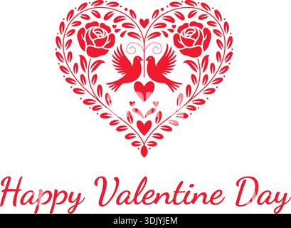 Happy Valentine's Day rote Vektor-Illustration eines dekorativen Volkskunst Stil Herzrahmen mit Rosen, Blättern und zwei Liebesvögeln isoliert auf weißem Rücken Stock Vektor