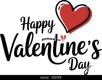 Happy Valentine's Day elegante schwarze Kalligraphie-Schrift mit einer dekorativen roten Herzillustration isoliert auf weißem Hintergrund. Stock Vektor