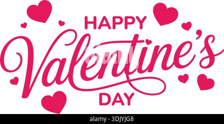 Happy Valentinstag elegante rosa Vektor-Kalligraphie-Schrift mit verstreuten Herzen isoliert auf weißem Hintergrund. Stock Vektor