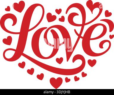 Liebe elegante rote Vektor-Kalligraphie-Schriftzug mit dekorativen Wirbeln und kleinen Herzen in einer Herzform isoliert auf weißem Hintergrund. Stock Vektor