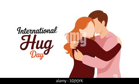 Internationaler Umarmungstag flache Vektor-Illustration eines jungen Paares, das liebevoll isoliert auf weißem Hintergrund umhüllt. Stock Vektor
