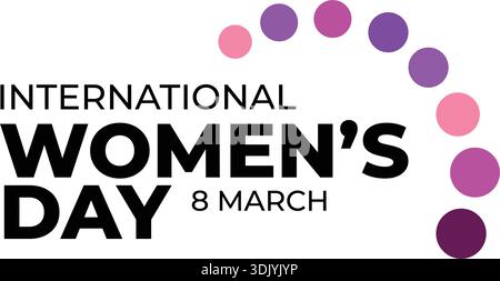 Internationaler Frauentag 8. März minimalistisches schwarzes Vektor-Typografie-Design mit lila und rosa kreisförmigen Punkten isoliert auf weißem Hintergrund. Stock Vektor