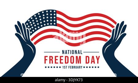 Poster zum Nationalfreiheitstag mit Händen, die die amerikanische Flagge halten, und patriotischer Typografie auf weißem Hintergrund Stock Vektor