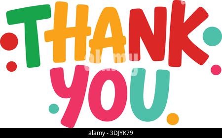 Vielen Dank für farbenfrohe, verspielte Typografie mit kräftigen abgerundeten Buchstaben und dekorativen Punkten auf weißem Hintergrund Stock Vektor