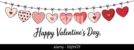 Happy valentinstag Banner mit hängender Herzgirlande und eleganter handgeschriebener Typografie auf weißem Hintergrund Stock Vektor