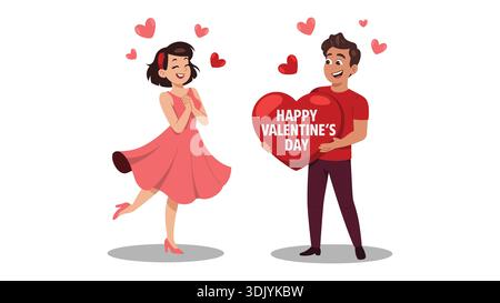 Happy valentinstag Illustration des lächelnden Paares mit Herzgeschenk und romantischen Ausdrücken auf weißem Hintergrund Stock Vektor