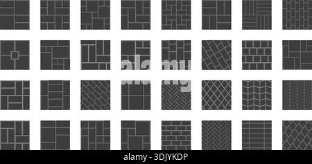 Set aus verschiedenen Wandfliesenmustern. Wandstrukturen aus schwarzer Keramik oder Stein. Küche Backsplash oder Badezimmer Boden Hintergrund. Mosaikdekoration innen oder außen. Illustration der Vektorabwicklung. Stock Vektor