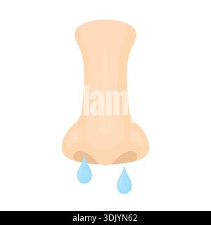 Vektor-Illustration einer menschlichen Nase mit fließenden Wassertropfen isoliert auf weißem Hintergrund. Einfache visuelle Vorstellung von Frühkrankheiten, kalter, laufender Nase Stock Vektor