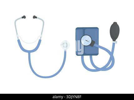 Blaues Stethoskop und mechanisches Tonometer auf weißem Hintergrund. Elemente der Medizin. Blutdruckmessung. Pflege der Herzgesundheit. Stock Vektor