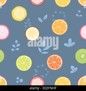 Ein Muster mit Fruchtscheiben und Blumen auf dunkelblauem Hintergrund. Ein einfaches Sommermuster mit Zitrone, Banane, Limette, Mangostan und Passionsfrucht. Stock Vektor