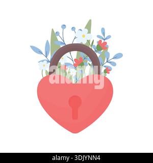 Ein herzförmiges Schloss mit Blumen auf weißem Hintergrund. Illustrationen zum Internationalen Frauentag, Valentinstag und mehr. Stock Vektor