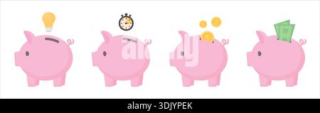 Ein Schweinebank-Set. Das Konzept des Sparens. Eine Sparbank mit Timer, ein Symbol für Zeit und Geduld zum Sparen. Stock Vektor
