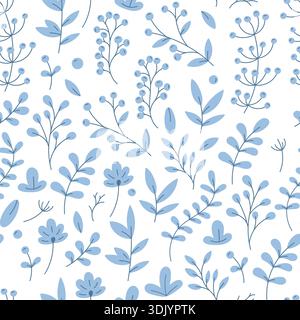 Ein Muster mit blauen Pflanzen auf weißem Hintergrund. Muster für Kinderkleidung. Stock Vektor