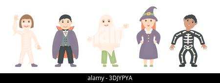 Set mit Halloween-Kostümen für Kinder. Illustration des flachen Vektors auf weißem Hintergrund. Kinder in lustigen Kostümen von Vampir, Skelett, Geist, Mumie, Hexe. Stock Vektor