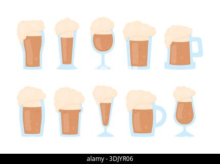 Ein Set aus verschiedenen dunklen Biertassen mit dickem Schaum auf weißem Hintergrund. Oktoberfest-Elemente. Stock Vektor