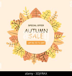 Herbstverkäufe mit 30% Rabatten vor dem Hintergrund von Blättern. Angebot im Herbst. Stock Vektor