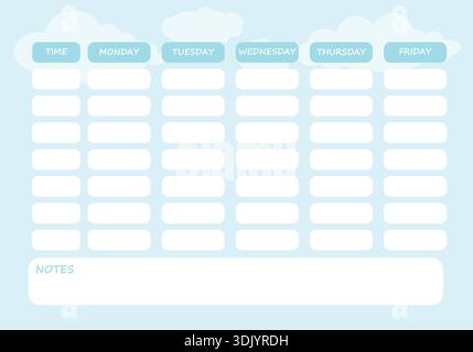 Schulplan in blau mit Wolken. Wöchentlicher Kursplan. Stock Vektor