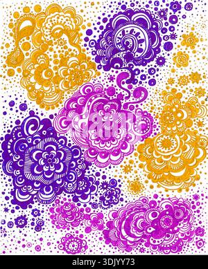 Hand gezeichnete psychedelische Blumen, Mandala-Muster auf weiß. Markerkunst in lila, gelbem Senf und Fuchsia. Doodle-STYLE. Ideal für Grußkarten, f Stockfoto