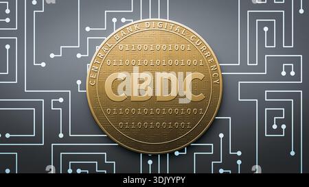 CBDC-Goldmünze auf digitalem Leiterplattenhintergrund. 3D-Rendering Stockfoto