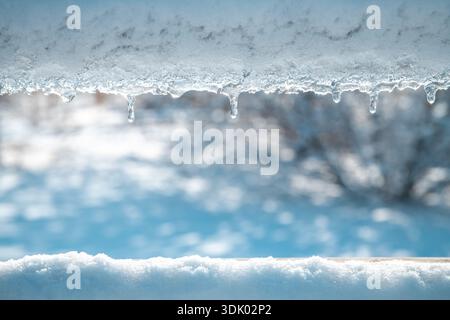 Schnee- und Eisansammlungen auf der Oberfläche, Eiszapfen beginnen zu schmelzen und Wassertropfen tropfen auf einen weichen Bokeh-Hintergrund, was das symbolisiert Stockfoto