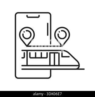 Eisenbahntickets buchen Mobile App Line Symbol. Personentransport und Stadtlogistik umreißen Vektorpiktogramm oder -Symbol. Symbol oder Schild für die Anwendung „Eisenbahnrouten planen und Fahrkarten kaufen“ Stock Vektor