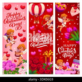 Happy Valentine Day Vektor Banner mit Cartoon Cupids Charaktere. Romantische Liebesherzen, Geschenkboxen, Blumen und Cupid Cherub Engel, Heißluftballon und Valentinskarte, Grußbanner Stock Vektor