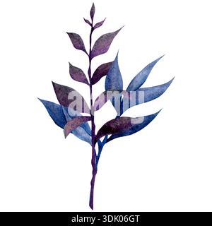 Eine Aquarellabbildung mit violetten und blauen Blättern auf weißem Hintergrund. Künstlerisch und abstrakt im Stil. Stockfoto