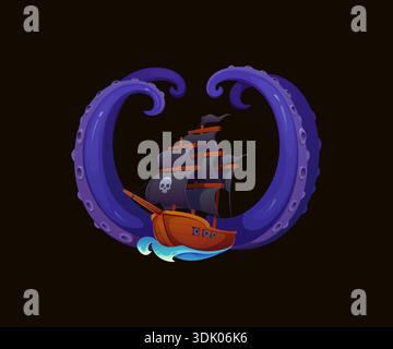 Heraldisches Piratenspiel mit lila Kraken-Tentakeln, Segelschiff mit schwarzen Segeln und Meereswasserwellen. Vektor-nautisches Emblem mit riesigen Kraken-Tentakeln, mythischen Meeresfantasiemappen Stock Vektor