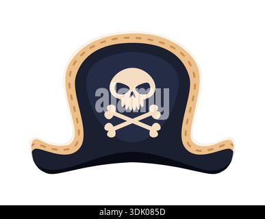 Piraten-Tricorn und Korsair-Captain-Hut. Karikaturvektor schwarzer Hahnenhut, karibischer Meereskopfschmuck mit fröhlichem roger-Schädel und gekreuzten Knochen. Kopfbedeckungen für Piraterie, Matrosenmütze. Filibuster Kostümzubehör Stock Vektor