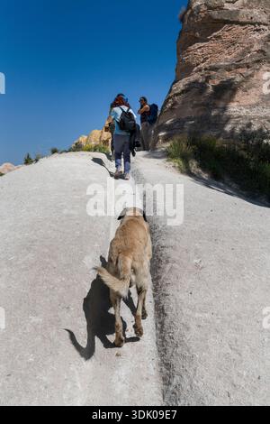 Kappadokien, Türkei - 18. Mai 2025: Rückansicht von Wanderern, die mit einem Hund auf einem Vulkanweg im sonnigen Kappadokien spazieren Stockfoto