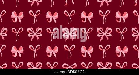 Pinkfarbene Coquette-Bögen auf burgunderrotem Hintergrund. Nahtloses Muster mit niedlichen Bändern. Romantischer Coquette-Druck für Textilien, Verpackungen, Papier, Design, V Stock Vektor